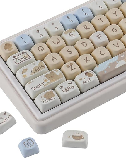 Sunzit MOA Keycaps,132 Keys Milk Tea Bear Custom PBT Keycaps, Dye-Sublimation Key caps Keyboard Keycap Set for MX Switches Mechanical Keyboard