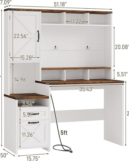 Farmhouse Executive Desk 51" Computer Desk with 2 Drawers Storage Cabinet and RGB LED Lights Power Outlets, Wood Home Office Desk with Hutch and Monitor Stand for Work Study Writing, Rustic White