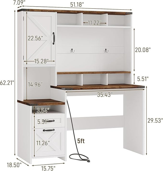 Farmhouse Executive Desk 51" Computer Desk with 2 Drawers Storage Cabinet and RGB LED Lights Power Outlets, Wood Home Office Desk with Hutch and Monitor Stand for Work Study Writing, Rustic White
