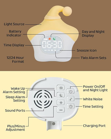 Star Alarm Clock with Night Light for Kids with Sleep Training and Sound Machine, Rechargeable Silicone Lamp OK to Wake Clock，Cute Animal Tabletop Lamp, Perfect Sleep Companion for Boys Girls, Yellow