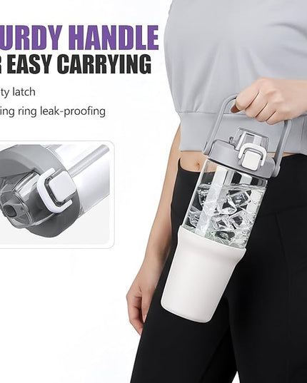 Glass Tumbler with Carry Handle, Clear Glass Water Bottle with Leakproof Lid, Spout Lid&Straw, BPA-Free, 32 oz, White