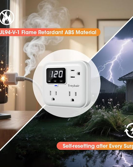 Surge Protector 3-Outlet Power Strip w/Advanced Voltage Protection, 80V-140V Power Surge Protectors for Refrigerator, TV, Computer | LED Display Voltage Monitoring Fireproof UL94V-1