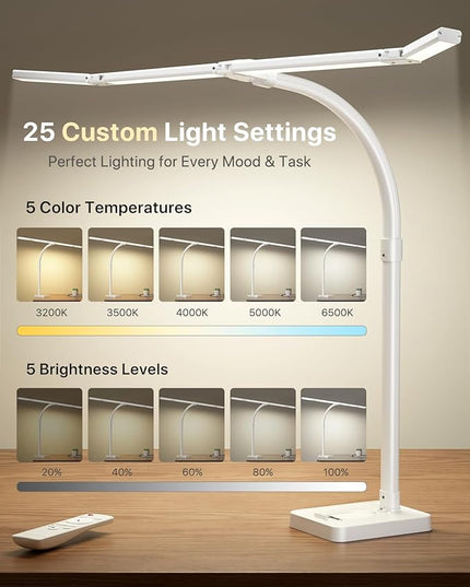 ONEMIX 42" LED Desk Lamp for Home Office, Eye-Caring Desk Light with Adjustable 4-Segment Bar, 1800LM Bright, Remote, Architect Table Lamp with Base for Dual Monitors, Reading, Study, Workbench(White)