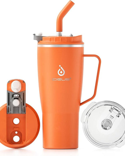 Ideus 32 oz Tumbler with Handle and Straw, Vacuum Insulated Stainless Steel Travel Mug, 100% Leakproof, Cup Holder Friendly, Orange