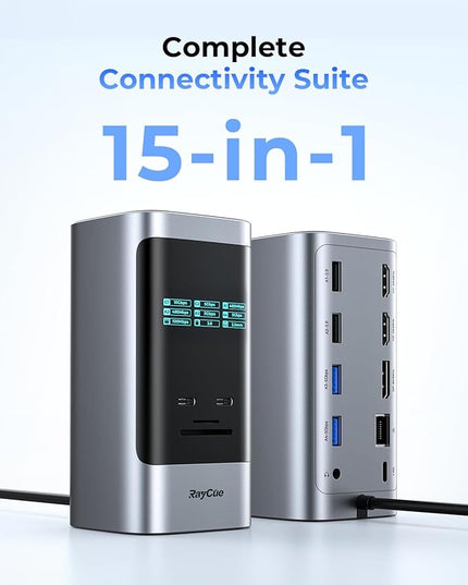 RayCue USB C Docking Station, 15in1 Triple Display with 5 Shortcut Button, Smart Display, DP&HDMI, 10G USB A/C, Gigabit Ethernet, 100W PD, Audio, Laptop Docking Station for Dell/HP/Lenovo/Mac and More