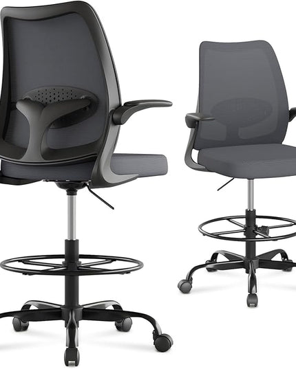 Drafting Chair,Tall Office Chair with Adjustable Footrest Ring,Lumbar Support,Ergonomic High Desk Seat,Flip-Up Armrests,Breathable Mesh Standing Stool for Home Office,Grey
