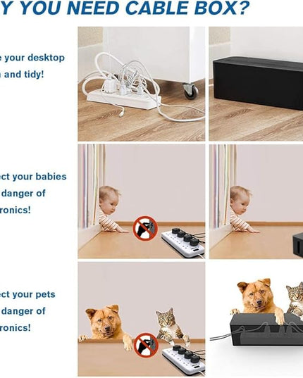 Cable Management Box Organizer, Pack of 2 Wire Concealer to Cover Hide Surge Protector & Power Strip on Desk Floor, with 5 Cord Fastening Tapes for Office, Home, Kitchen (Luxury Black)