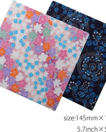 Made in Japan Echizen Washi Notebook with Sakura Watermark(Page 48) & 2 sheetsYuzen Origami Paper Set – Luxury Japanese Stationery Gift (Gold Festival Flowers)