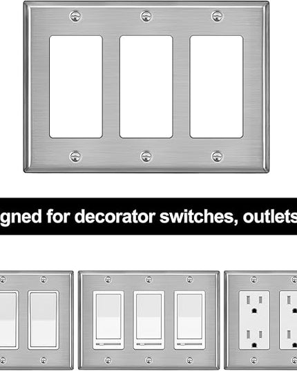 [2 Pack] BESTTEN 3-Gang Decorator Metal Wall Plate with Plastic Film, Standard Size, H4.53" x W6.38", Decor Stainless Steel Outlet Cover and Switch Wallplate, Brushed Finish, Silver