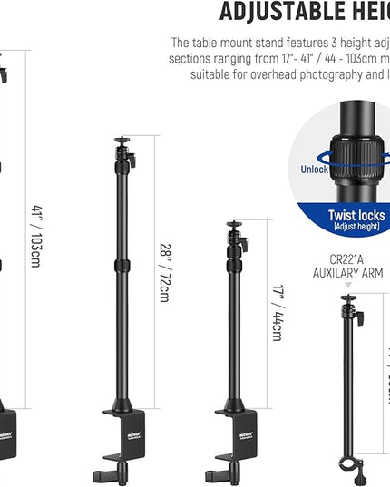 NEEWER Camera Desk Mount with Overhead C Amera Mounting Arm and 1/4" Ball Head, 17" - 41" Adjustable Tabletop Light Stand with C Clamp for DSLR Camera, Ring Light, Webcam, Photo Video Shooting