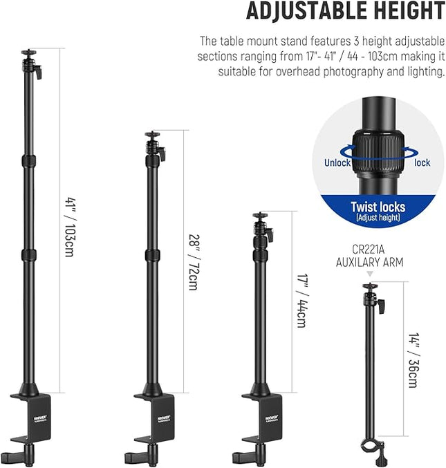 NEEWER Camera Desk Mount with Overhead C Amera Mounting Arm and 1/4" Ball Head, 17" - 41" Adjustable Tabletop Light Stand with C Clamp for DSLR Camera, Ring Light, Webcam, Photo Video Shooting
