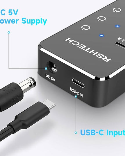 RSHTECH 7-Port Powered USB 3.2/USB-C Hub Splitter with 3 x 10Gbps USB-3.2 Ports (2C + 1A),4 USB-3.0 Ports (2C + 2A), 3.3ft Cable, Touch Switches, and 5V Power Adapter for Laptop PC