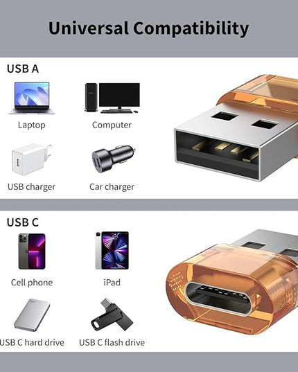 USB to USB-C Adapter 5 Pack, USB C Female to USB Male Power Charger Converter, USBC to A Adapter Compatible for Apple Watch Series/SE/Ultra 2 iPhone17/16/15 Plus Pro Max AirPods Pro（Orange）