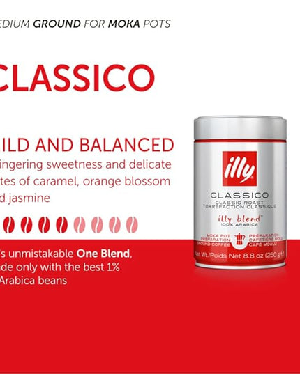 illy Ground Moka Coffee, Intenso Dark Roast, 100% Arabica, Premium Italian Coffee, Pre-Ground for Moka Pot or Stovetop Brewing, 8.8oz, 12 Pack