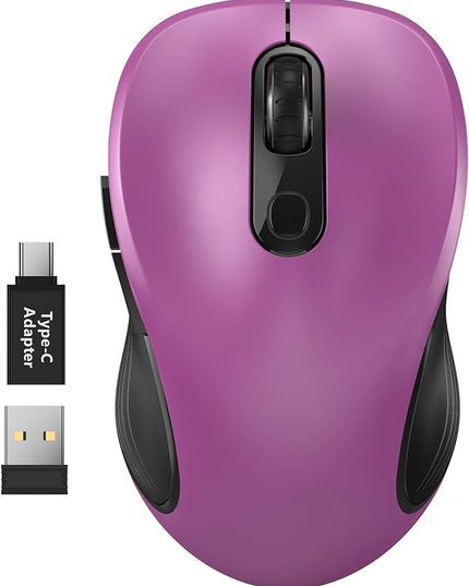WisFox 2.4G Wireless Mouse for Laptop, Ergonomic Computer Mouse with USB Receiver and Type-C Adapter, 3 Adjustable Levels, 6 Button Cordless Wireless Mice for Windows Mac PC Notebook (Purple)