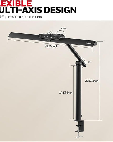 Honeywell LED Desk Lamp with Clamp - HJ1 Sunturalux Eye-Caring Clip on Lights for Home Office, 1200LM Clamp Lamp 4 Color Modes Stepless Dimming Task Desk Light for Working Black