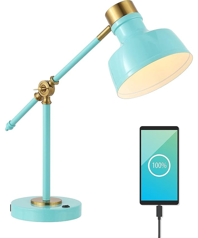 JONATHAN Y JYL7124C Allegra 18.5" Adjustable Cantilever LED Task Lamp, USB Charging Port, Classic, Coastal, Industrial, Farmhouse, Traditional for Bedroom, Living Room, Office, Cyan/Brass Gold