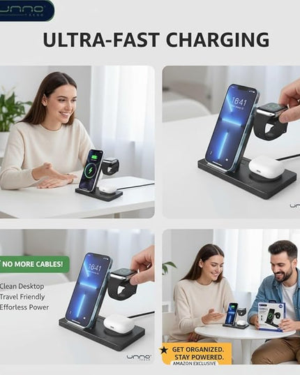 UNNO 3-in-1 Magnetic Wireless Charging Station with Fast Charge | Compatible with iPhone 15/14/13/12, Apple Watch (All Series), AirPods Pro 3/2 | Desktop Stand for Home & Office