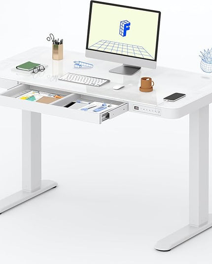 FLEXISPOT Comhar Electric Pure Glass Standing Desk with Drawer Desktop & USB Charge Ports, 48" Ergonomic Height Adjustable Sit to Stand Desk for Home Office (White, Glass)