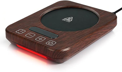 Coffee Mug Warmer with Temperature Control, 36W Electric Mug Heater, 120–180°F Adjustable Desk Cup Warmer with Timer & Auto Shut-Off, Ambient Light, Walnut Wood-Grain Finish, Gift for Home & Office