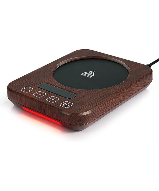 Coffee Mug Warmer with Temperature Control, 36W Electric Mug Heater, 120–180°F Adjustable Desk Cup Warmer with Timer & Auto Shut-Off, Ambient Light, Walnut Wood-Grain Finish, Gift for Home & Office