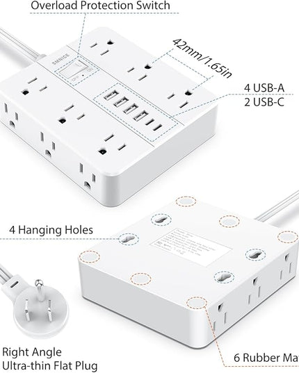 Surge Protector Power Strip 15 Ft Extension Cord, 12 Widely Spaced Outlets 6 USB (2 USB C) Ports, Ultra Thin Flat Plug Surge Protection for Home, Office, Dorm Room Essentials