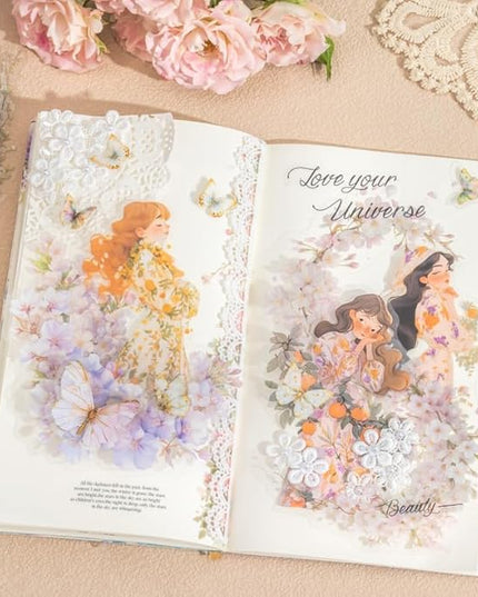 MiyouLuna 60 Pcs Vintage Flower PET Stickers Set, Large Floral Corner Stickers for Scrapbooking, Journaling, DIY Crafts, with Organizer