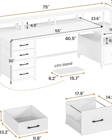SEDETA White Computer Desk with 5 Drawer & Power Outlet, 75'' Home Office Desk with File Drawer, Storage Shelves, Printer Cabinet and Monitor Shelf, Gaming Desk with Led Lights, 23.6" W Desktop