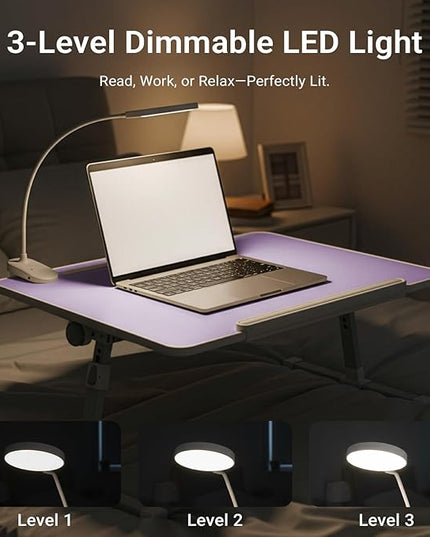 iXTRA Laptop Lap Desk with Cooling Fan - Adjustable Bed Desk with Light, Bed Table with Cup Holder&Phone Holder - Storage Drawer Desk - Folding Bed Desk,Purple,70x45cm