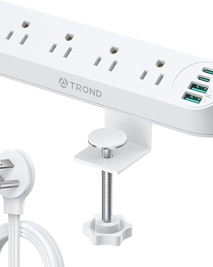 TROND Desk Clamp Power Strip 20W USB C, Flat Plug 10ft Extension Cord, Surge Protector with 4 Outlets 4 USB Ports, 1700J, ETL Listed, Fits 1.97 inch Tabletop Edge, for Home Office Accessories, White