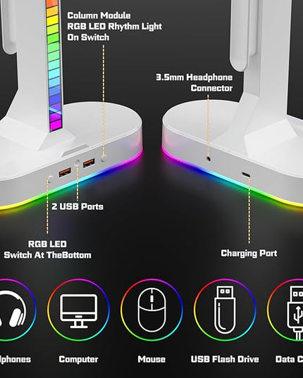 Cool RGB Headphone Stand with Charging Station - Sleek Dual Headset Holder, 3 USB Ports & 3.5mm Audio, 8 Light Modes | Ultimate Gaming Gift for Men, Boyfriend, Teen Boys - Modern White Design
