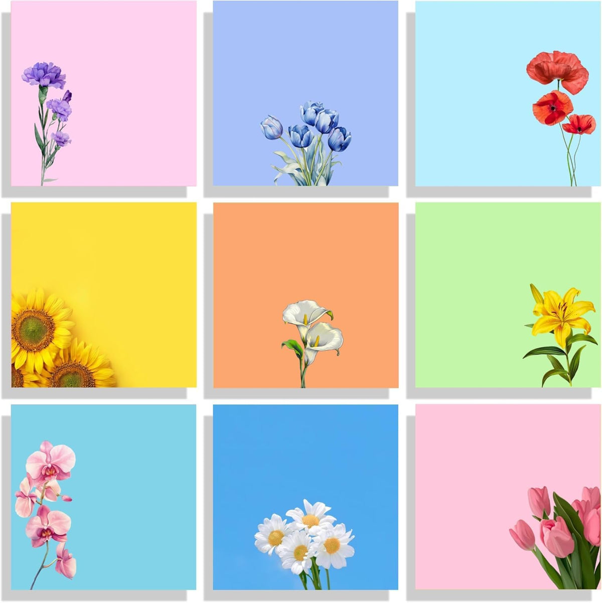 9 Pads Cute Sticky Notes Set, 3" x 3" Flower Self Stick Notepads, Funny Notes Set, Flower Stationery, Kawaii Adhesive Memo Pads, Flower Lover Gifts, Office Decor Desk Accessories, School Supplies
