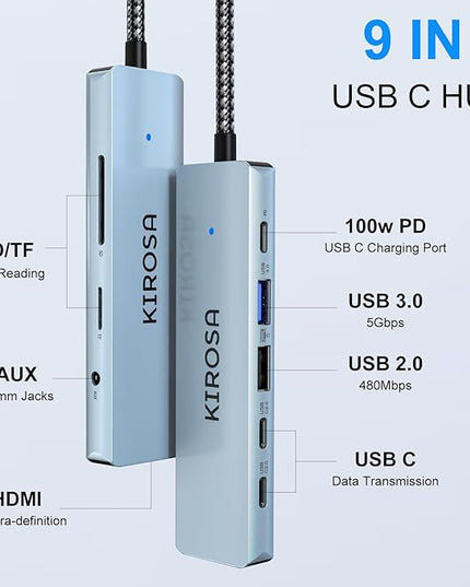 KIROSA USB-C Hub: USB C Multiport Adapter for Macbook Pro Air - 9IN1 USBC to HDMI Hub Dongle - Traveling USB C Docking Station for Laptops and Type C Devices (4K HDMI 100W PD USB3.0 SD/TF Card Reader)