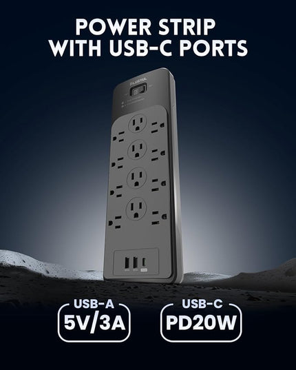 Surge Protector Power Strip 25FT(4080J), PLUGTUL Surge Protector with 12 Outlets - Spacious Design for Large Plugs, Flat Plug, 20W USB C Charging for Home, Office, ETL Listed