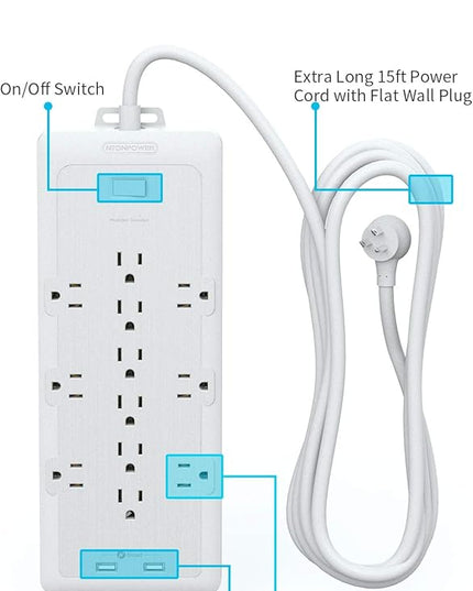 4000 Joules Power Strip Surge Protector, 15 FT Heavy Duty Extension Cord (1875W/15A), 12 Widely Spaced AC Outlets, Overload Protection, Wall Mount, ETL Listed, Ideal for Home, Dorm Essentials, White
