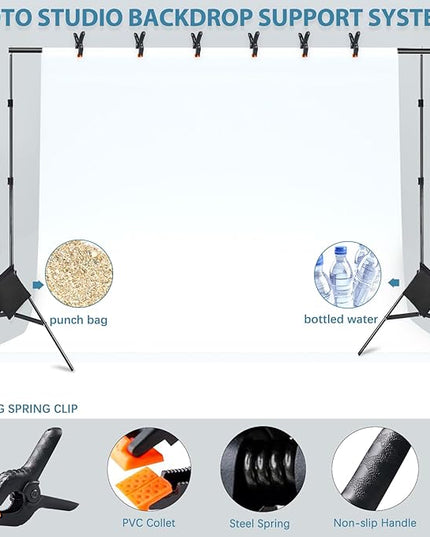 Backdrop Stand 10x7ft(WxH) Photo Studio Adjustable Background Stand Support kit with 2 Crossbars, 6 Clamps, 2 Sandbags and Carry Bag for Parties, Events Decoration, Wedding, Photography (Black)