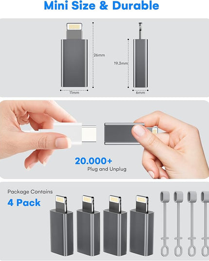 MFi Certified USB C to Lightning Adapter 4-Pack, 27W Fast Charging & Data Sync, Lightning to USB Type C Cable Adapter Compatible with iPhone 14/13/12/Pro/Max, iPad, AirPods, with Anti-Loss Lanyard