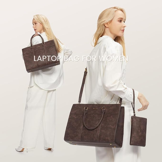 LOVEVOOK Laptop Bag for Women, 15.6 Inch Laptop Tote Bag, Vintage Leather Work Bags for Women, Waterproof Computer bag with Clutch Purse, Large Capacity Briefcase, Business Office Bag