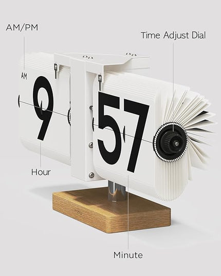 mooas Classic Modern Wood Big Flip Desk Clock (Black), Retro Vintage Analog Design Auto Flip Clock Table Clock Large Number Battery Powered, Ideal for Home Office School Hotel Café