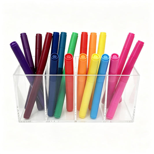 4 Compartment Acrylic Pen Holder, Large Capacity Clear Makeup Brush Organizer for Desk, Multi-Section Pencil Caddy for Office Supplies, Cosmetics, and Art Markers, Heavy-Duty Storage Container