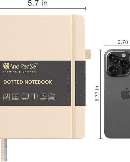 &And Per Se Dotted Journal Notebook, A5 Hardcover Leather Bullet Dotted Journal, 160 Pages 100 gsm Thick Dotted Paper，3 Stickers Included for Women Men, Work Office or School - 5.7'' x 8.3'' (Light