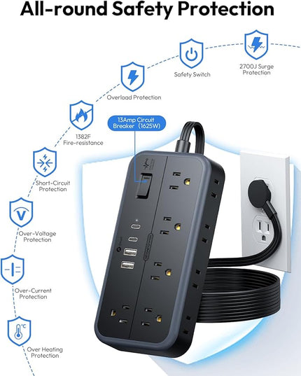 NTONPOWER Surge Protector Power Strip 15 Ft Cord, 10 Widely Spaced Outlets, 4 USB Port(2 USB C Port), Ultra Thin Flat Plug Extension Cord 15 Feet, 2700J Surge Protection for Home Office Garage, Black