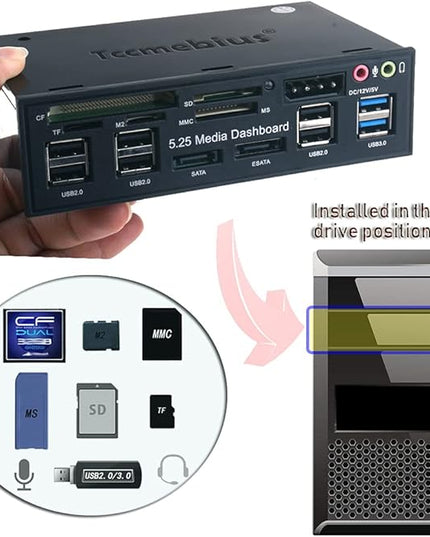 TCC-QL5E 5.25 Inch PC Multifunction Dashboard Media Front Panel, with SATA e-SATA Dual USB 3.0 6 Port USB 2.0 Audio Ports and Five-in-one Card Reader