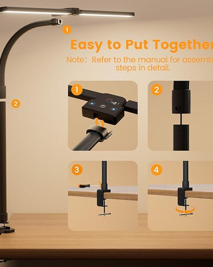 LED Desk Lamp for Home Office, 24W Computer Desk Light with Remote Control, Bright Table Lamp with Clamp Dimmable Tall Desktop Lighting with Bendable Gooseneck, Double Head, Black