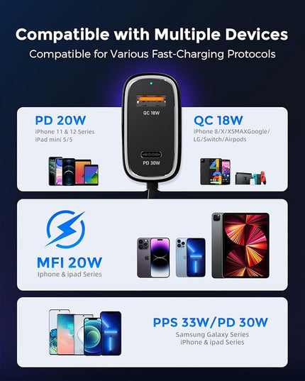 [Apple MFi Certified] iPhone Car Charger, Built-in 5.7FT Lightning Cable for iPhone 17/16/15/14/Max/XR/X/8/7/iPad, 71W 3-Ports PD30W Car Charging Adapter for Samsung Galaxy S25/S24/S23, Google Pixel