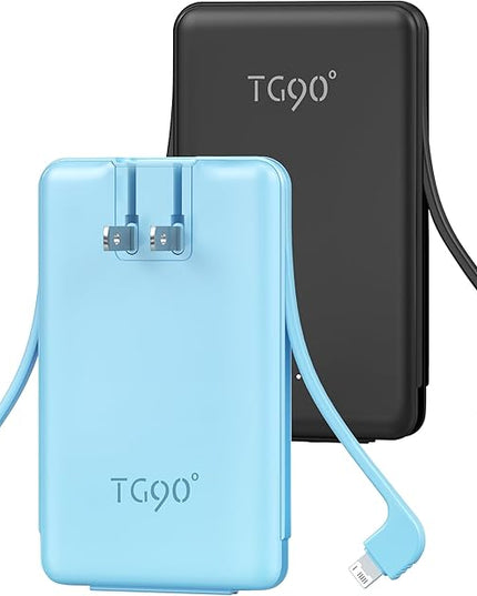 TG90° 2 Pack 5000mAh Power Bank,Small Portable Charge Built-in AC Plug and Cables,Pocket Size USB C External Battery Pack Compatible with iPhone 17 16 15 14 13 12 Samsung Google iPad,Black & Blue
