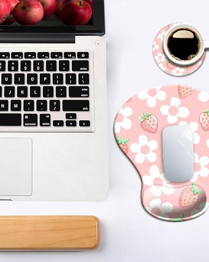 Ergonomic Mouse Pad with Wrist Support,Mouse Pad with Wrist Rest and Coaster Set,Office Supplies Non-Slip Mouse Pads for Desk, Non-Slip Comfortable,Pink Floral Kawaii