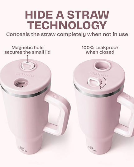 34HD 40 oz Stainless Steel Tumbler - Leakproof Insulated Water Bottle with Handle, Magnetic Lid and Flexible Straw - Iced for 48 Hours – Perfect for Men, Women, Birthday Gift, Pink - Rose Dust