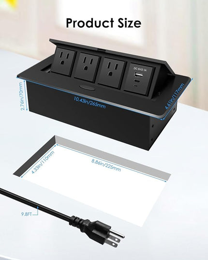 Pop Up Conference Table Power Outlet with 3 AC Outlets, USB PD Fast Charging, 9.8FT Power Cord Embedded Hub Connection Box for Office, Home, and Study Spaces
