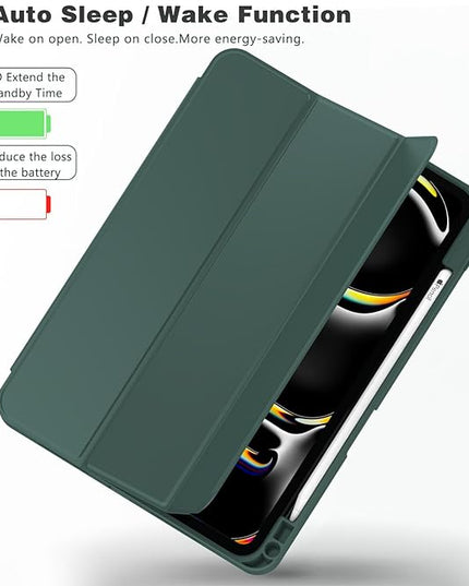 ZryXal iPad Pro 11 Inch Case (M5) 2025/ (M4) 2024 (Model: A2836/A2837/A3006), Trifold Stand Smart Cover with Pencil Holder and Soft TPU Back, Auto Wake/Sleep (Update Midnight Green)